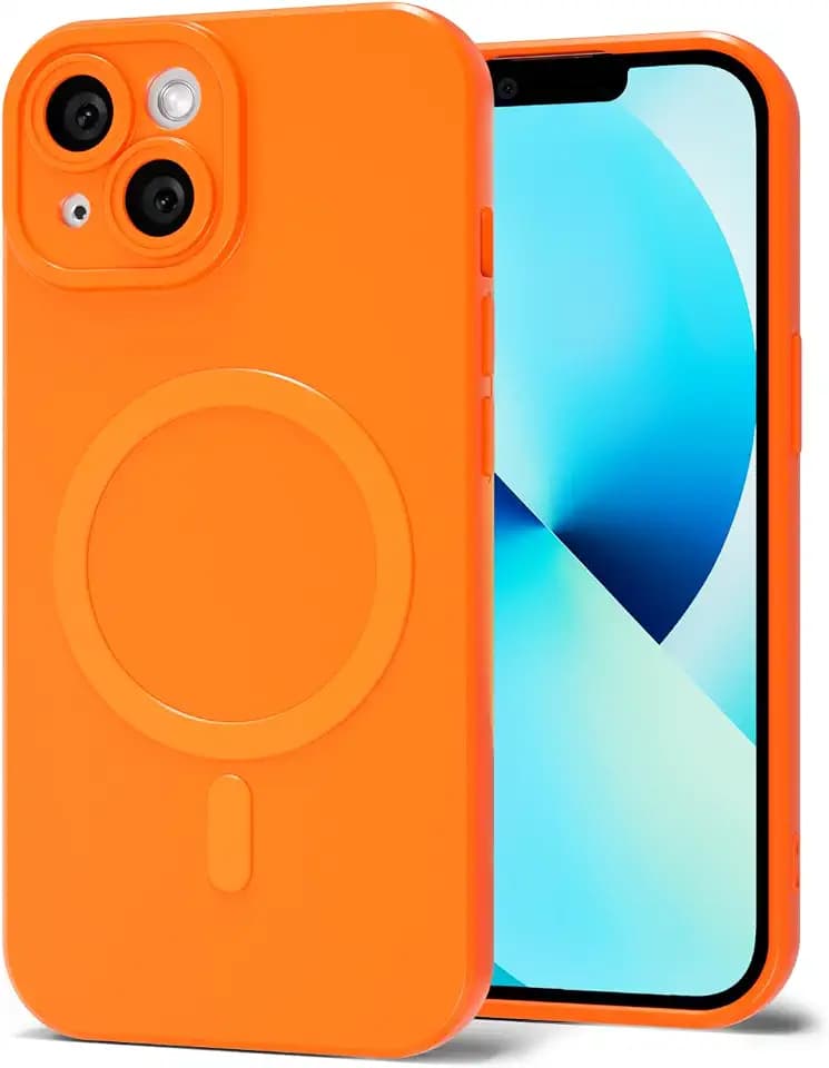 Svanove for iPhone 13 Mini Phone Case Silicone Magnetic, Compatible with Magsafe Case Cute for Women, Girly Bright Color Glossy Jelly Thin Slim Hard Mag Safe Rubber & Camera Cover, Neon Orange