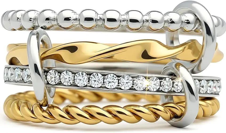 Gold Stackable Ring Set for Women Non Tarnish 316L Stainless Steel Cubic Zirconia Rings Silver Gold Multi Band Thumb Ring Mixed Metals 4 in 1 Interlocking Fashion Thin Dainty Unique Christmas Birthday Jewelry Gift