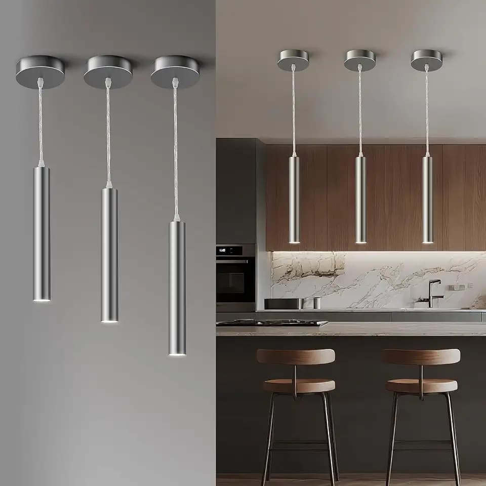 Modern Brushed Nickel Pendant Light, 10W Dimmable Integrated COB LED Adjustable Hanging Downward Lighting Fixtures for Kitchen Island, Dining Room, Bar, 4000K Neutral White, ETL Driver, 3 Pack