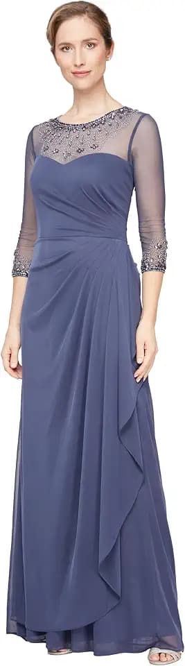 Alex Evenings Women's Long A-line Mother of The Bride Dress with Illusion Neck and Sleeves (Petite and Regular Sizes)