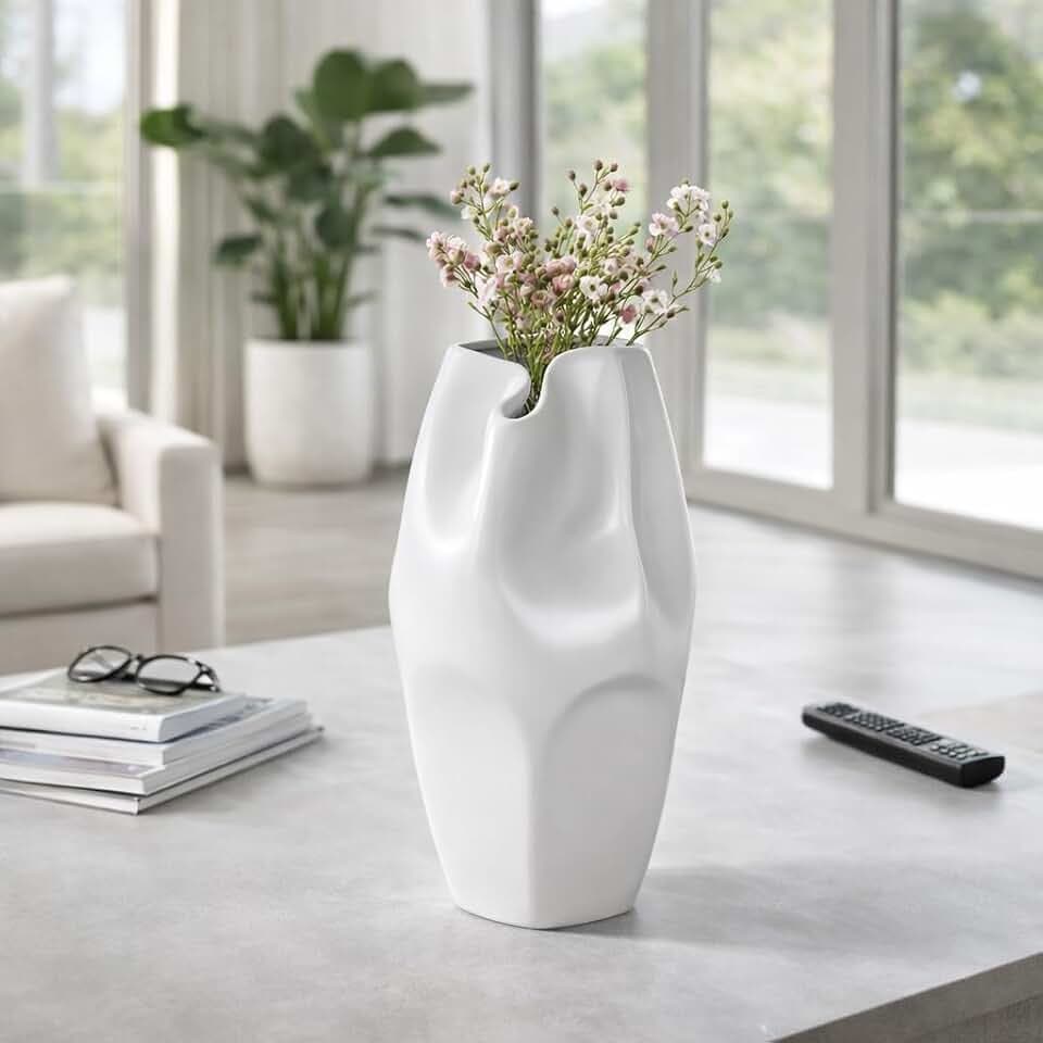 Ceramic Vase – Flower Holder for Table Decor, for Living Room, Dining, and Entryway Placement, Modern Sculptural Design Decorative Vase Home Decor Accent – 14", White