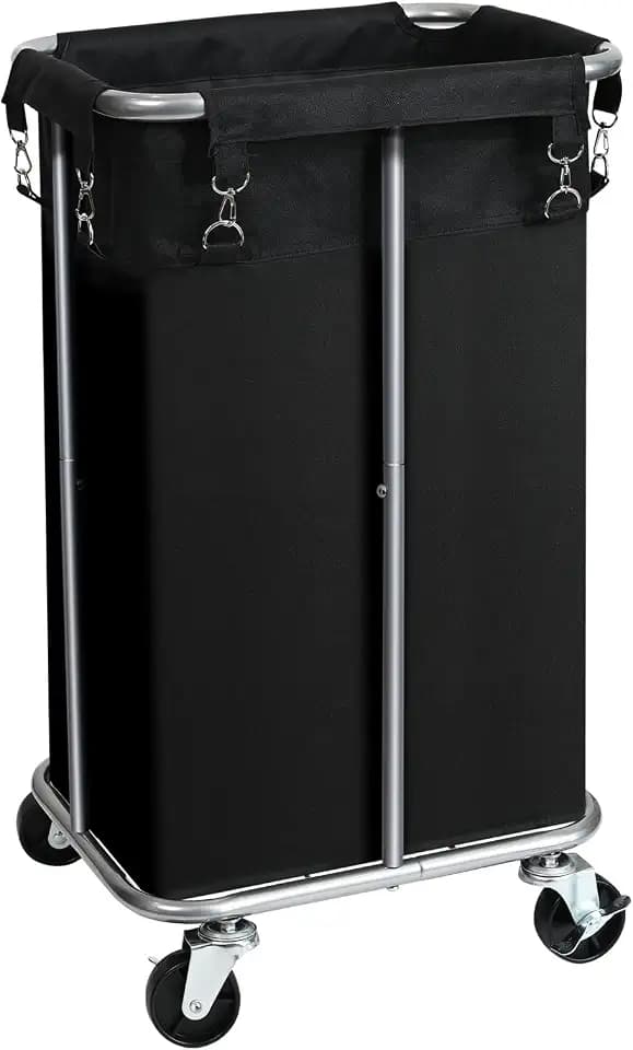Wäschekorb mit Rollen, rollender Wäschekorb mit abnehmbarem Beutel, 100 L, Wäschesortierwagen, schmaler Wäsche-Organizer mit stabilem Metallrahmen, Schwarz + Silber