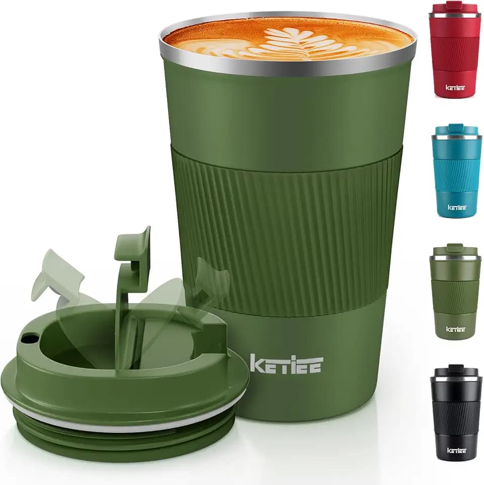 KETIEE Kaffeebecher to go,380ml Thermobecher Kaffee-to-go,Kaffeebecher Thermo,Doppelwandig Reisebecher Travel Mug,Vakuum Isolierbecher mit auslaufsicherem Deckel für Kaffee und Tee,Olivgrün