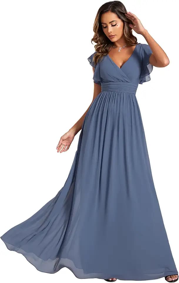 Ever-Pretty Damenkleid mit rückenfreiem Rücken, geraffte Ärmel, Chiffon, V-Ausschnitt, plissiert, elegante Brautjungfernkleider, ES01819-P