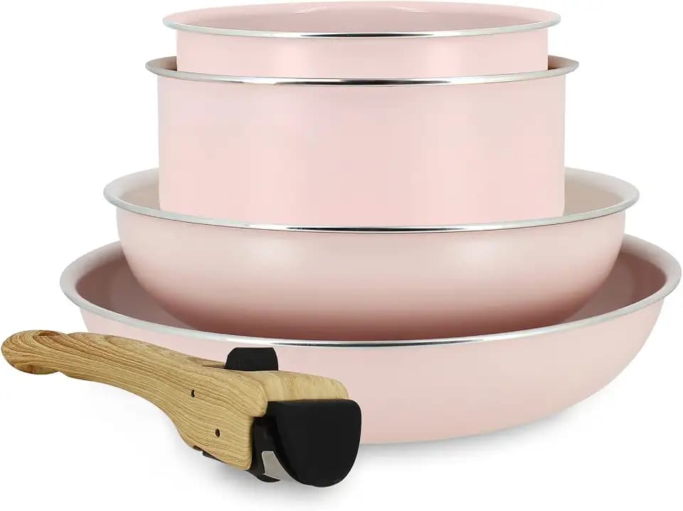 MENASTYL - Abnehmbares Kochgeschirr, stapelbar – für alle Herde, auch Induktionsherde – Keramikbeschichtung ohne PFAS – Serie Colorama – Farbe Rosa – 2 Pfannen + 2 Töpfe + 1 Griff