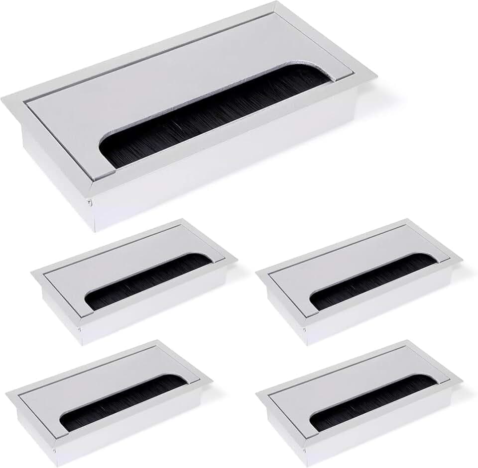 Emuca - Kabeldurchführung Kabeldurchlass Eckig 160x80mm zum Einfügen am Schreibtisch, kabelorganisation für möbel, Aluminium silber eloxiert, Set aus 5