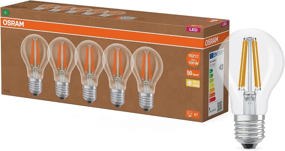 Osram Hocheffiziente LED Lampen mit Energieeffizienz Klasse A, Vorteilspack mit 5 Leuchtmittel, ersetzt herkömmliche 100W Glühbirnen, warmweiß(2700K), E27, Filament Glas