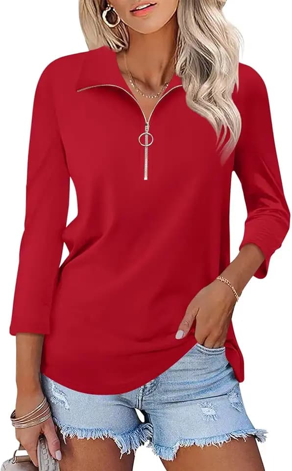 TICTICMISS Women's 3/4 Sleeve Tops Collared Zip Shirts Summer Polo Outfits