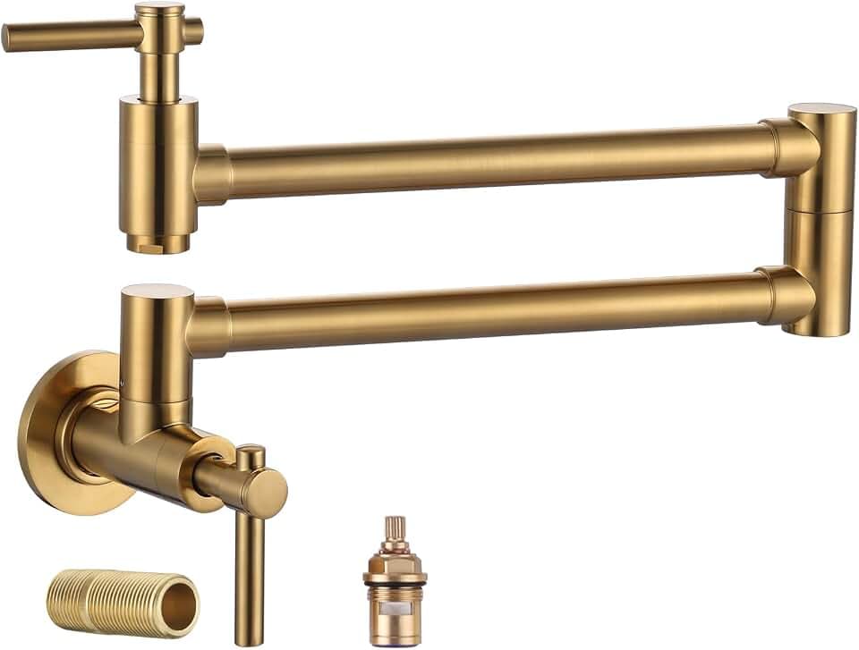 Gold Pot Filler Faucet, Wall Mount Copper Folding Faucet 2 Handle with Double Joint Swing Arms, Single Hole Brass Kitchen Faucet Over Stove