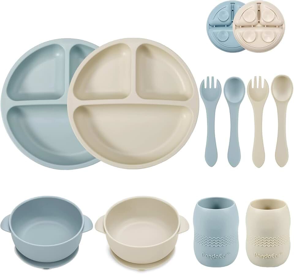PandaEar Silikon Baby Geschirrset mit Saugnapf, 2 Unterteilt Kinderteller + 2 Saugnäpfe Baby Breischale + 2 Baby Trinkbecher mit 2 Babylöffel 2 Gabel, Kindergeschirr Set, Baby Essen Set Zubehör
