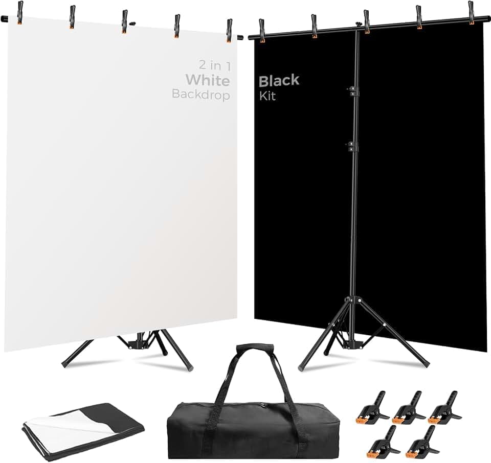 Emart 6.5x5ft 2in1 Black&White Photo Backdrop Stand Kit with T-Shape Stand