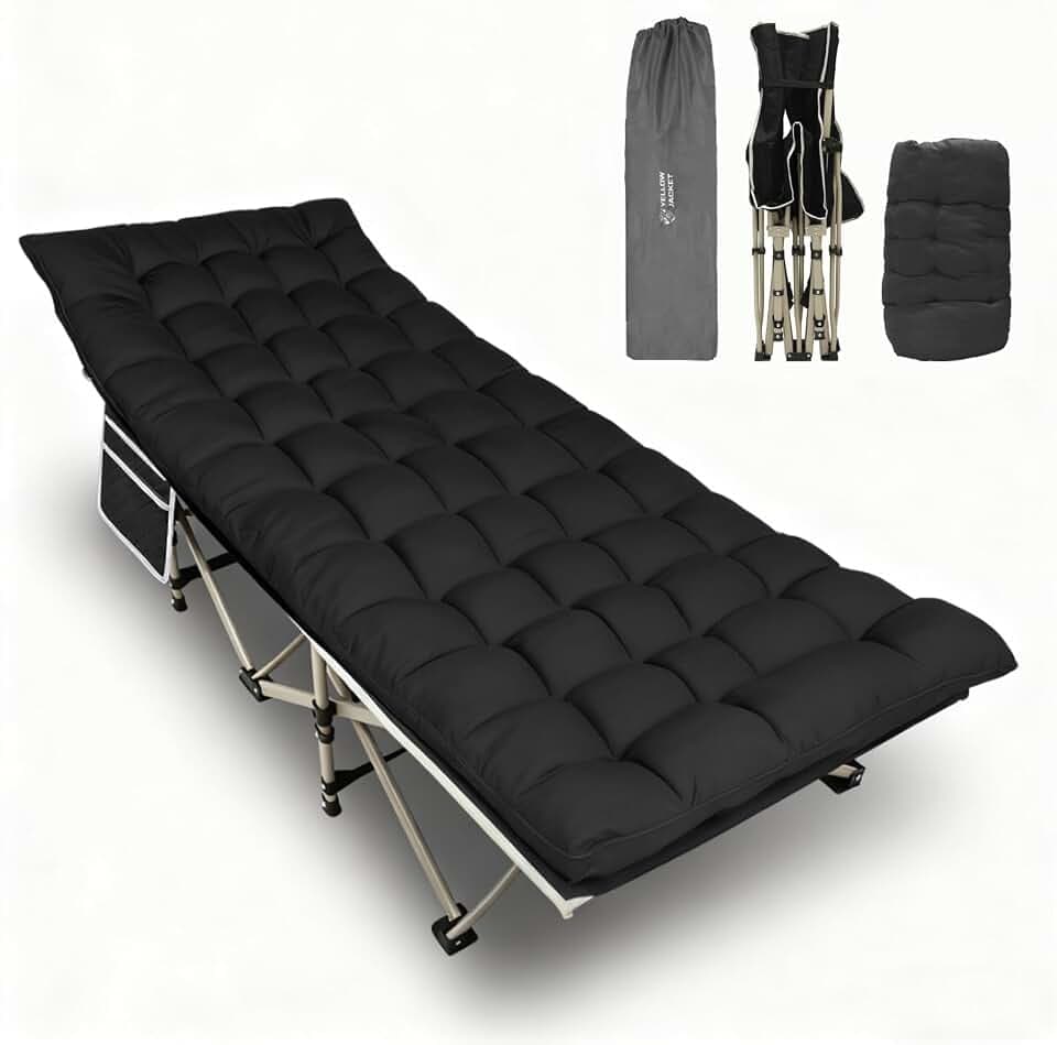YELLOW JACKET Folding Camping Cot for Adults,600LBS Max Load,28" Wide Sleeping Cot with Removable Thick Mattress Portable Foldable Camping Bed with Carry Bag for Camp,Home,Office,Travel,Black