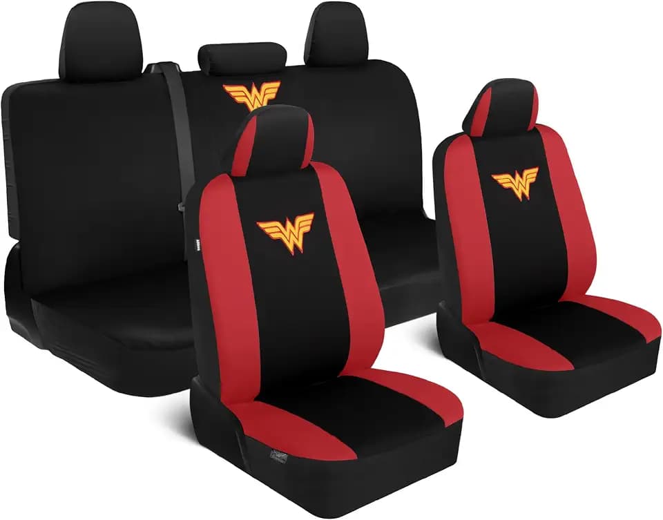 BDK Wonder Woman Car Seat Covers - Full 9 Piece Set - Warner Brothers Polyester Seat Protectors Black & Red
