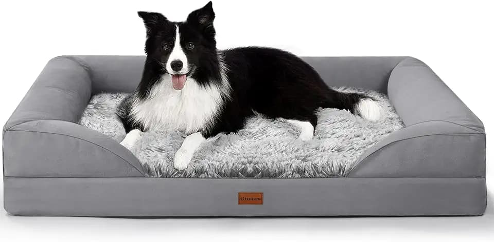 Gimars 9,5 cm Dickes L Orthopädisches Hundebett für Sehr Grosse Hunde, Stützendes Hundesofa mit 28D Eierkarton-Schaum, Abnehmbarer Waschbar Plüschbezug, wasserdichte Innenhülle, Quadrat