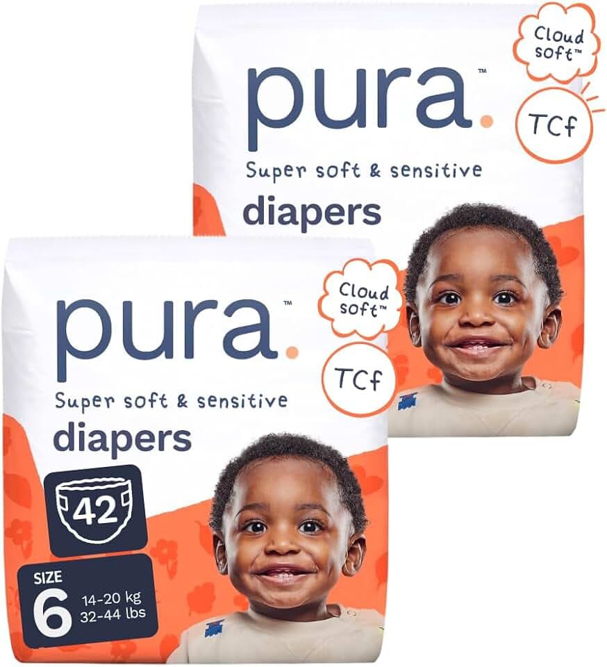 Pura Baby Diapers Size 6 (32-44 lbs) 42 Count Sensitive Skin