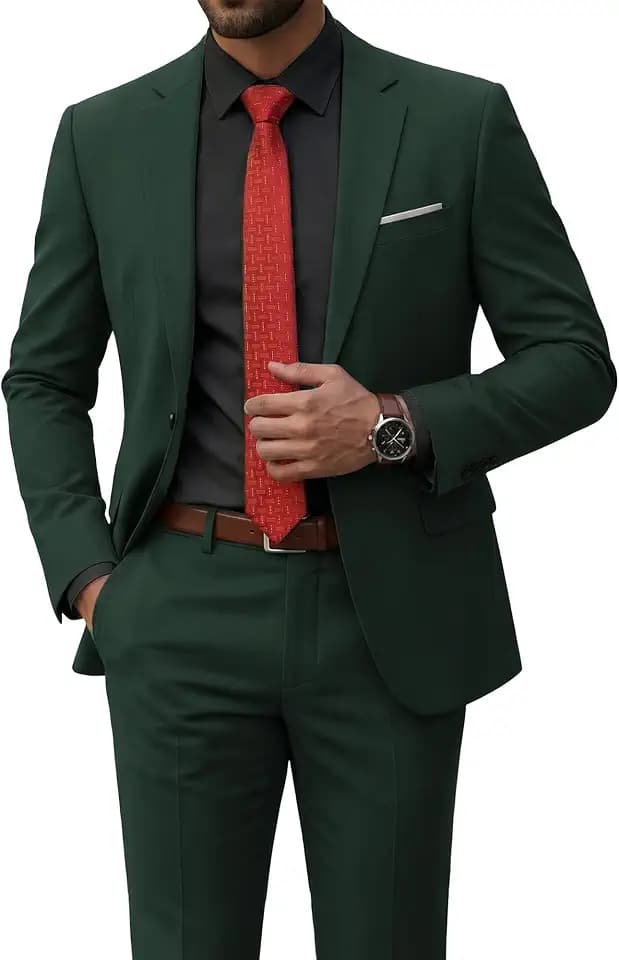 YND Men's 2 Piece Suit with Tie, Slim Fit Solid Color Jacket and Pants Set