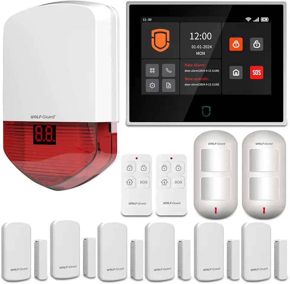 Wolf Guard WT4F-01A 4G + WiFi Alarmanlage Haus 7" Touchscreen, Tuya Smart Komplettsysteme mit APP/SMS/Telefonanruf Alarm, 110dB Außensirene, Bewegungsmelder, Tür/Fenster Sensoren, Fernbedienungen