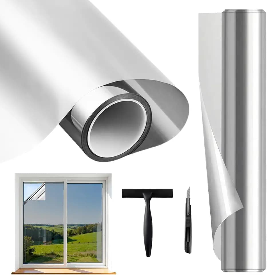 Fensterfolie Sonnenschutz Hitzeschutz, Selbstklebende Spiegelfolie Fenster mit UV-Schutz und Sichtschutz, Wärmeisolierende Folie gegen Hitze, Innen & Außen anwendbar für Wohnzimmer Büro