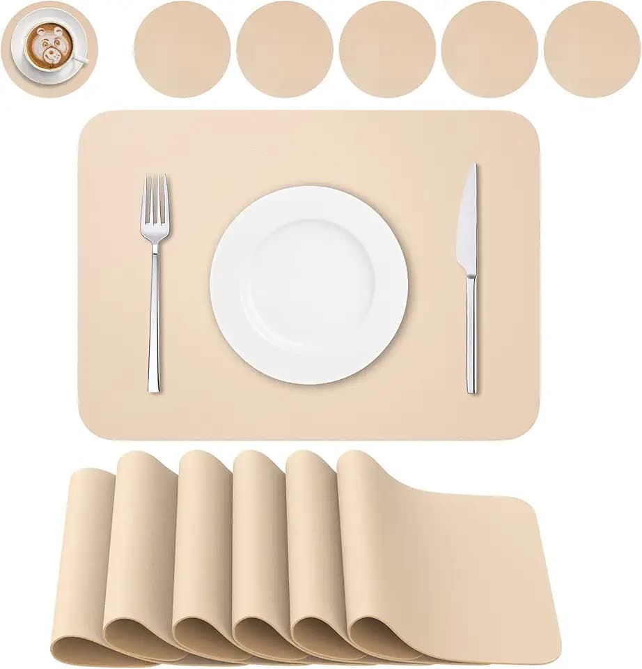 6er Set Tischsets abwaschbar,Abwischbar Lederoptik Platzset und Untersetzer,Wasserdicht PVC Platzdeckchen Tischset für Hause Küche Restaurant und Hotel,41x31cm,Beige/Rosa