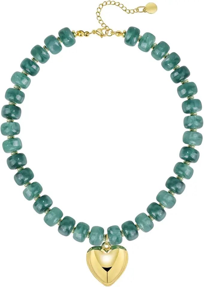 CANDYFANCY Chunky Gold Puffy Heart Pendant Resin Beaded Necklaces For Women