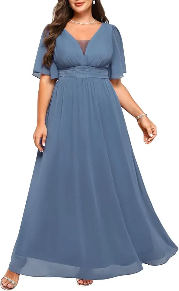 Women Plus Size Formal Dress Flutter Sleeve Maxi Wedding Guest Gown
