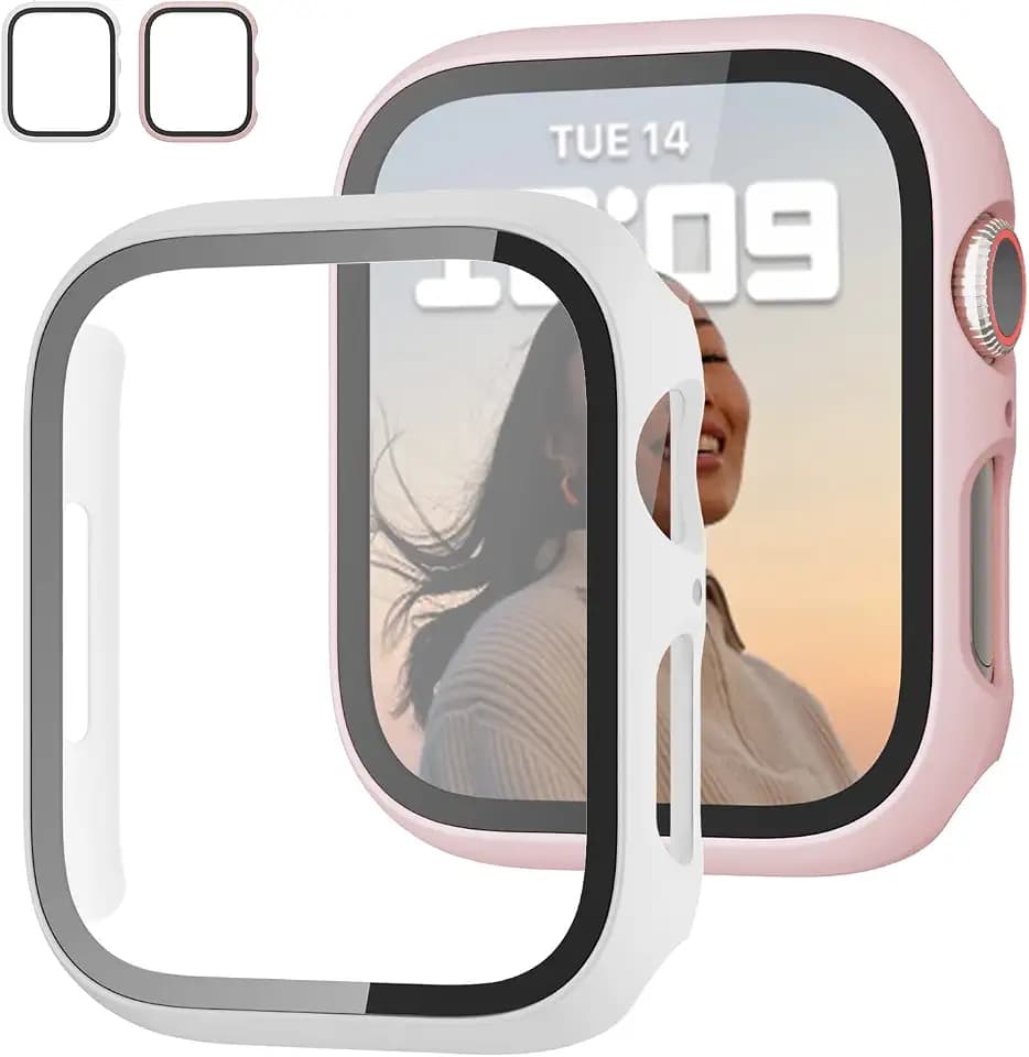 JZK 2 Stück Hülle für Apple Watch Series 9/Series 8/iwatch Series 7 41mm, mit Gehärtetes Glas Displayschutz, 360 Grad Rundum Schutzhülle HD Ultradünne für iWatch 41mm, Rosa+Weiß