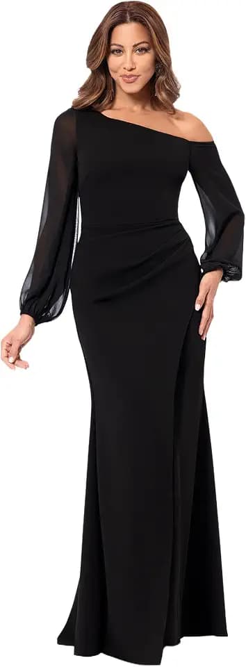 Betsy & Adam Women's Long Sleeve Off The Shoulder Scuba Long Dress