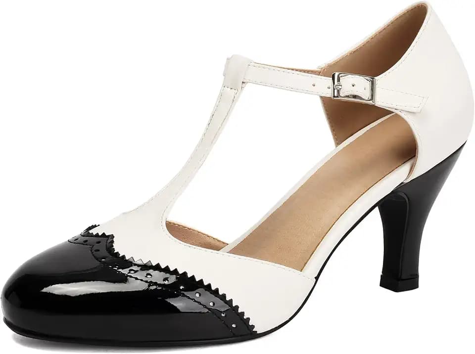 Women's Mary Jane 1950s Wingtip Two Tones Heels Closed Round Toe 1920s T-Strap Vintage Classic and Retro Pumps Shoes