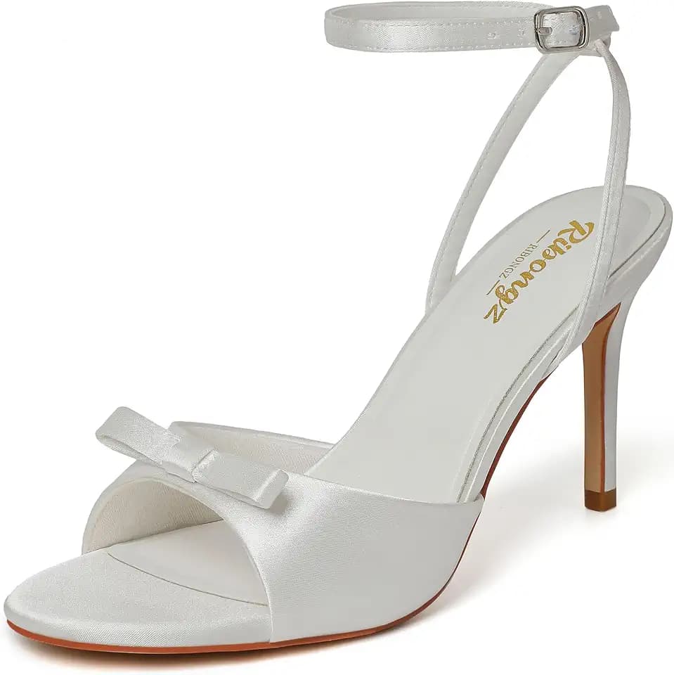 RIBONGZ Mule Kitten Heels for Women Dressy High Heeled Shoes Summer Square Open Toe Strappy Dress Sandals Backless Comfortable Mules Wedding Bridal Parties Office Vacation Casual Shoes