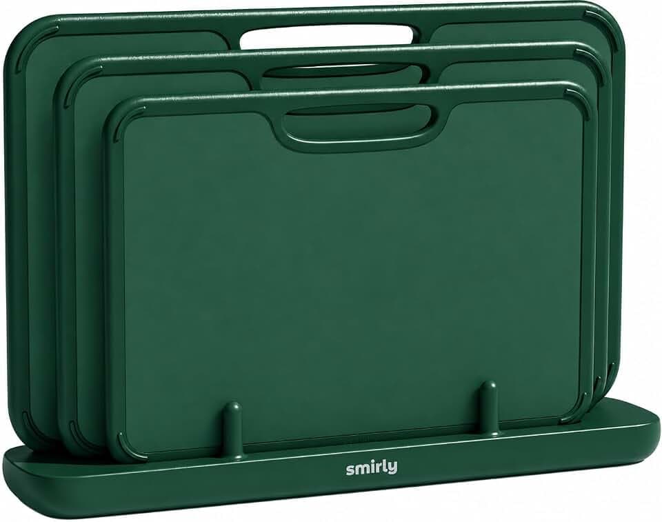 SMIRLY Plastic Cutting Board Set with Holder, 3 Pack (Forest Green)
