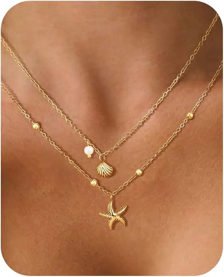Shell Necklace for Women,14k Gold Plated Layered Starfish Conch SeaShell Pearl Pendant Charm Necklace,Non Tarnish Adjustable Stainless Steel Chain Stack Jewelry for Summer Beach Vacation