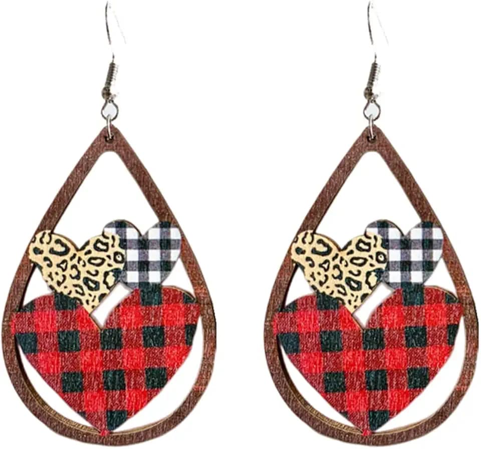 Love Heart Leopard Wooden Teardrop Earrings Lightweight Rose Flower Cow Leopard Plaid Letter Printed Drop Dangle Earrings for Women Valentine's Day Jewelry Gifts
