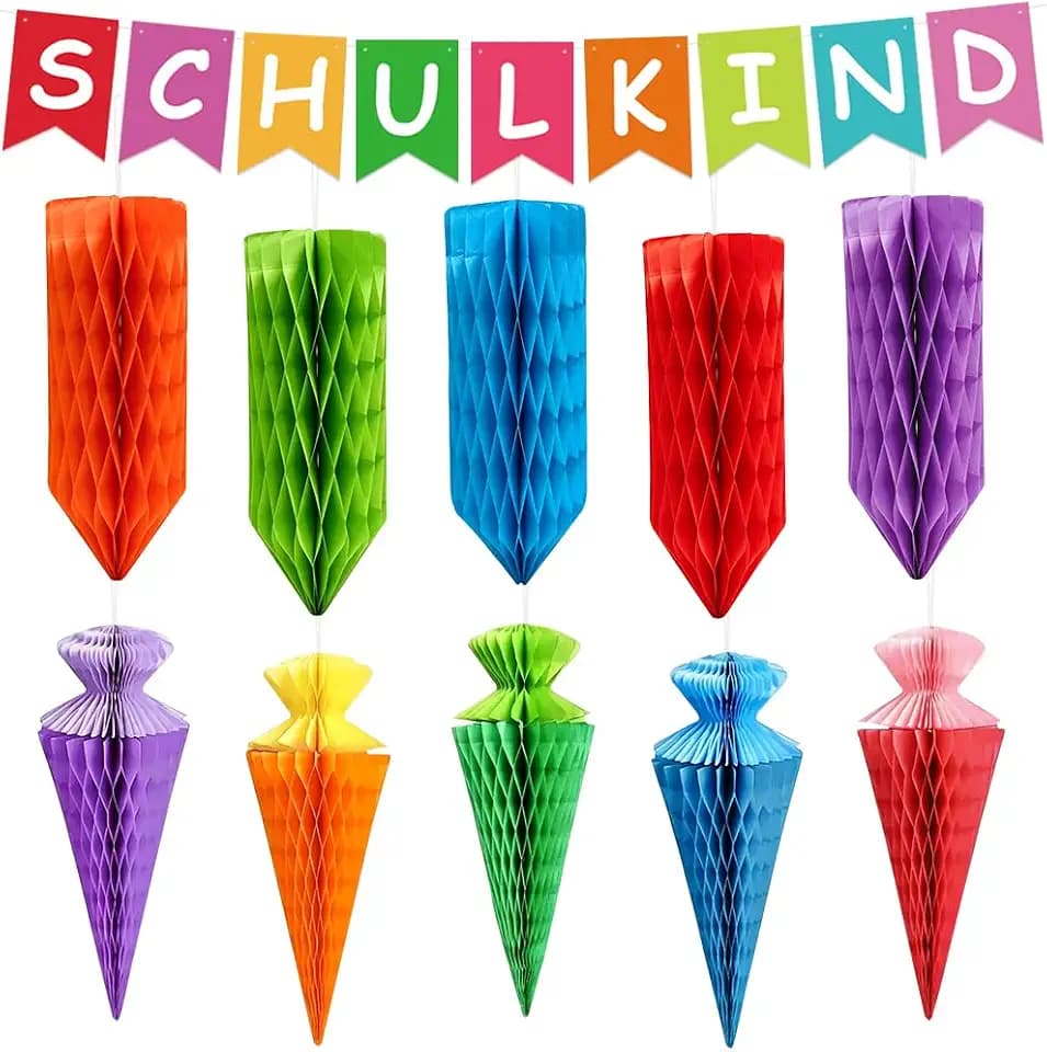 Einschulung Deko, 1 Girlande + 10 papierene Waben-Zuckertüten, geeignet für Einschulungspartys und Schulanfangsdekoration, unisex