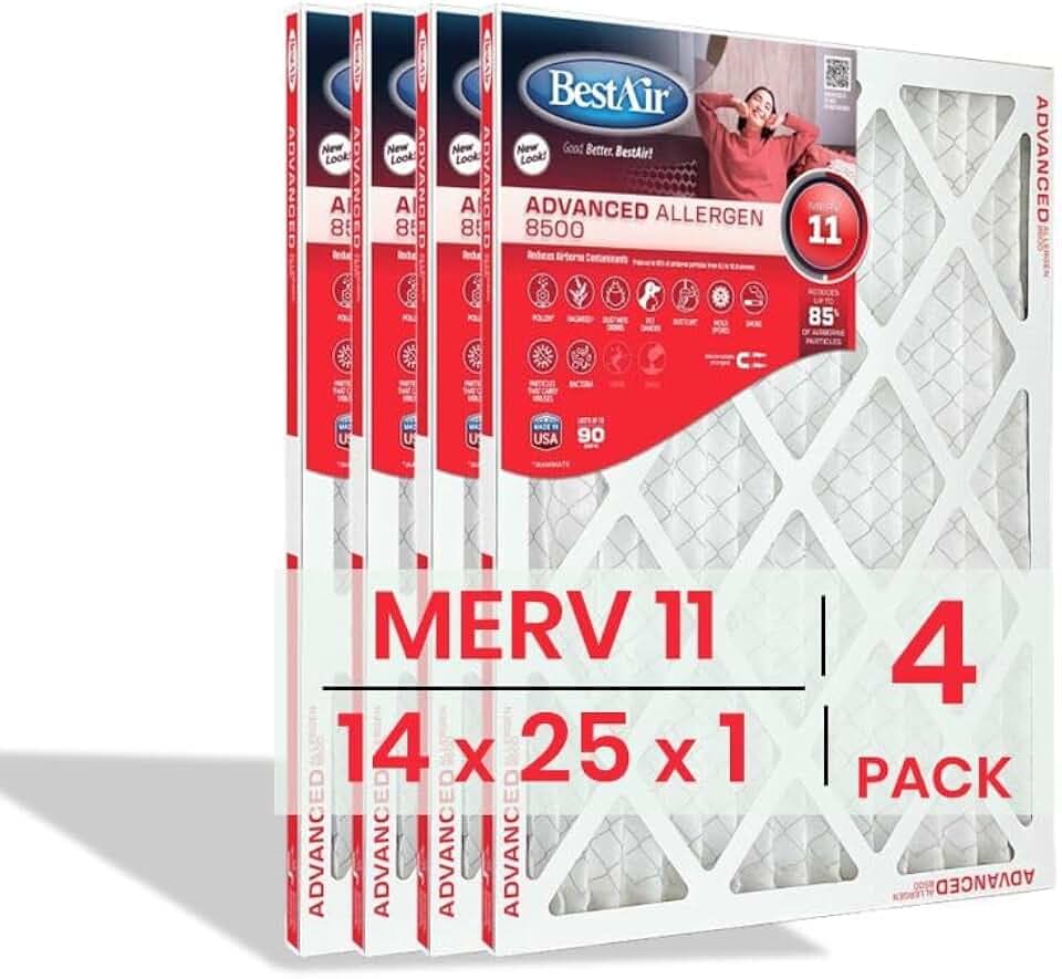 BestAir 14x25x1 Air Filter (4-Pack) | MERV 11 Advanced Allergen 8500 HVAC AC Furnace Filter | Replacement Air Filter for Residential & Commercial Use | Made in USA | Actual Size (13.75 x 24.75 x 0.75)