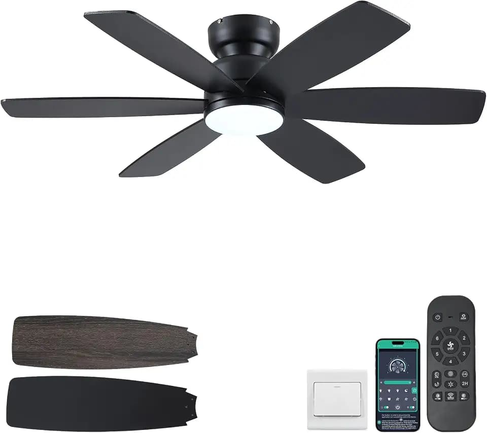 Kviflon 46 In Flush Mount Ceiling Fan with Light Remote/APP,6 Blades Black