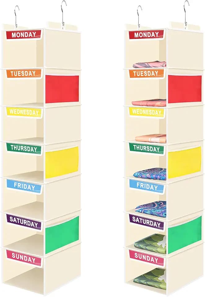Amylove 2 Pcs 7 Shelf Weekly Clothes Organizer for Kids Hanging Closet Organizer 11. 8 x 11. 8 x 50 Inches Daily Activity Kids Clothes Storage Drawers Cube Drawers Closet Hanging Shelves(Beige)