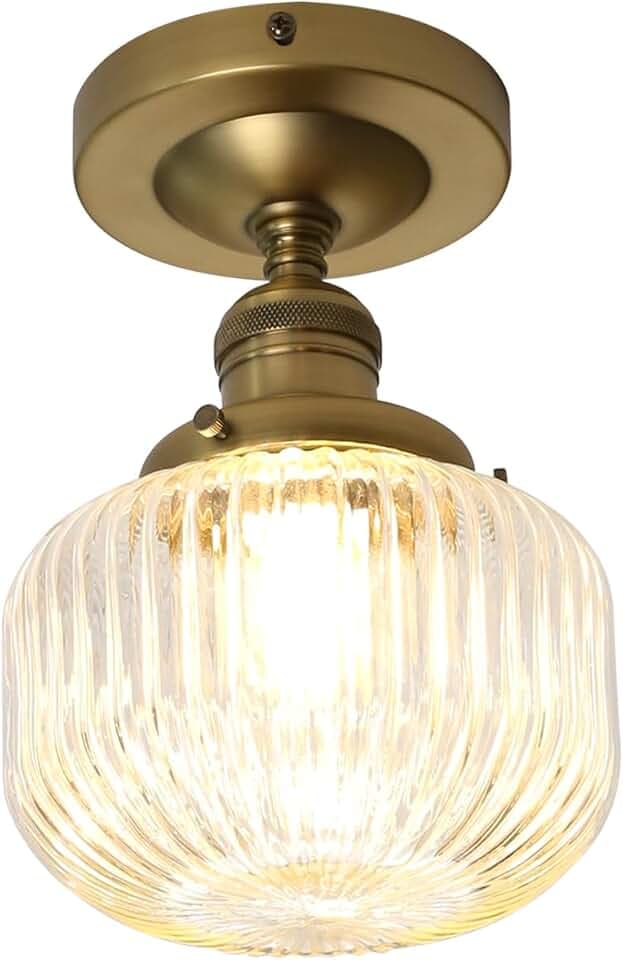 Industrial Semi Flush Mount Ceiling Light, Clear Striped Glass Lampshade Farmhouse Pendant Fixture, Close to Ceiling Light Fixture for Porch, Hallway, Entryway, Kitchen, Bedroom, Hotel