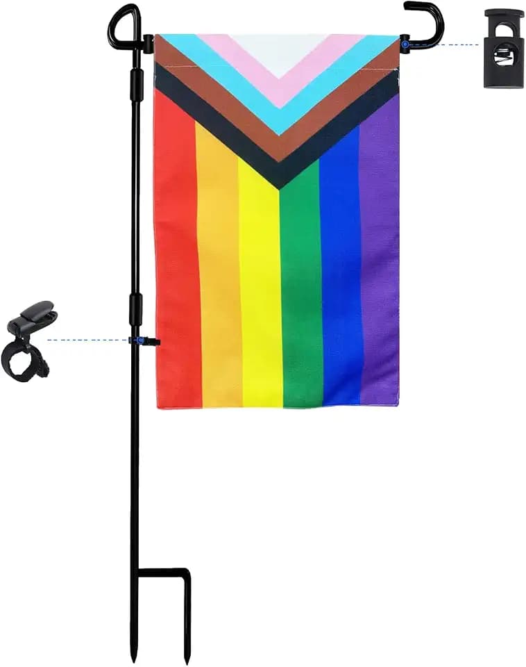 JRED Garden Flag Stand with Pride Garden Flag 12x18 Inch, Metal Yard Flag Holder Garden Flag Pole with Clips and Stopper, Small Rainbow Flags, for LGBTQ Lesbian Gay Transgender
