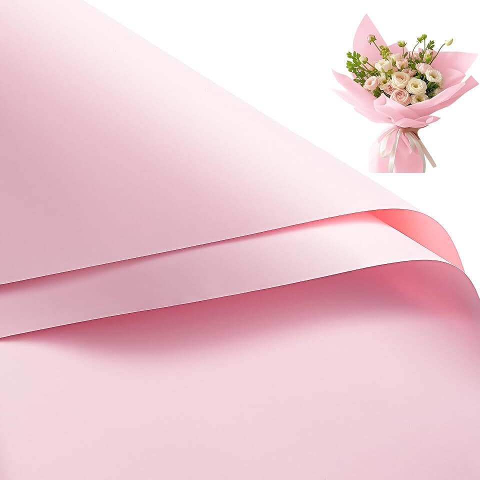 WRAPAHOLIC 20 Sheets Pink Flower Wrapping Paper - 22.4 x 22.4 inch Gold Edging Design Water-Resistant Pink Floral Bouquet Wrapping Paper, Florist Supplies Packaging for Wedding Birthday Gift DIY