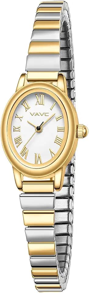 Small Gold Watches for Women,Analog Womens Watch with Stainless Steel Expansion Band,Oval Case Roman Dial,Water Resistant