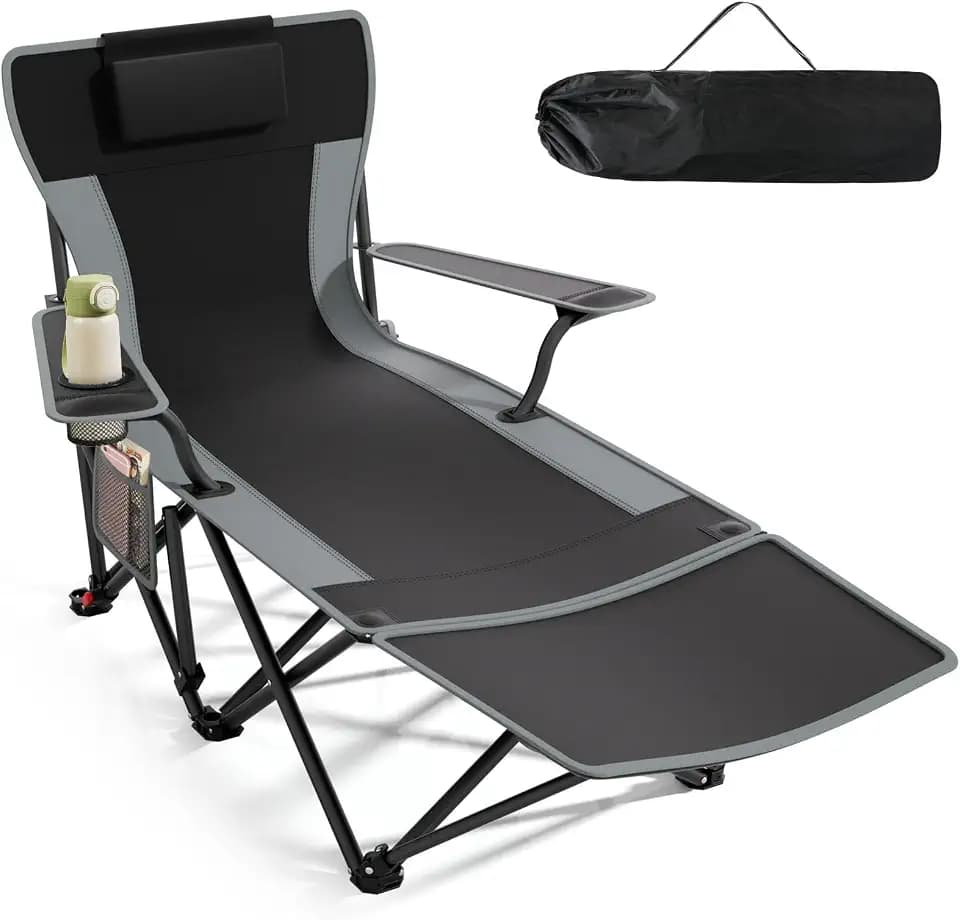 Suteck Camping Chair with Foot Rest, Reclining Folding Beach Chairs, Black