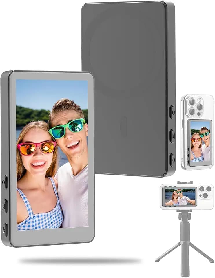 Selfie Monitor Screen for iPhone, Magnetic Phone Vlog Selfie Monitor Screen, Wireless Back Camera with Bluetooth Remote Control, Speaker for TikTok, Front/Rear Cameras Selfie Vlog (Grey)