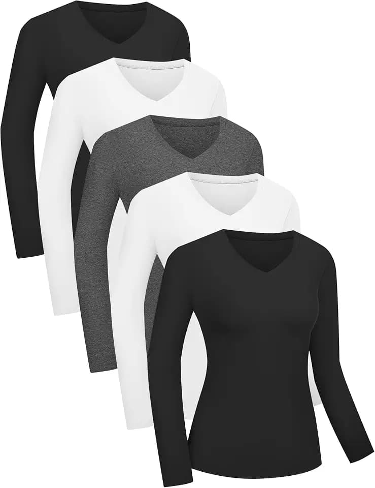 Kinglaman 1/5 Pack Womens Basic Long Sleeve V Neck Shirts Slim Fitted Tops