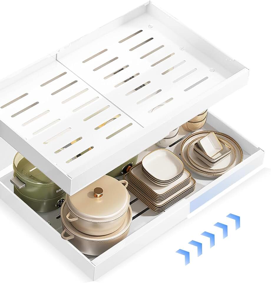 2 Ausziehbarer Schrank Organizer, Teleskopschublade Zum NachrüSten Kein Bohren Und Nageln Erforderlich Pull Out Cabinet Organizer Einstellbare Breite FüR Die KüChe Bad Wohnzimmer 32-52x42x7cm(white*2)