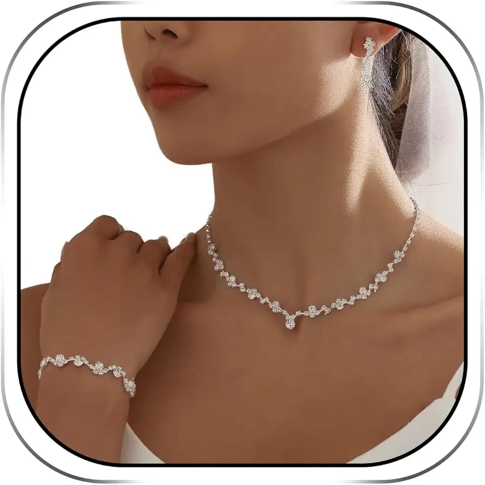 3PCS Silver Wedding Jewelry Set for Women Brides Rhinestone Necklace Earrings Bracelet Bridal Wedding Jewelry Sets for Bridesmaid Prom Costume Accessories Jewelry
