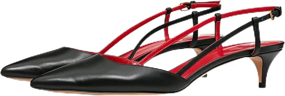 Women's Kitten Slingback Heels Pointed Toe Low Heel Pumps Black R Size 7