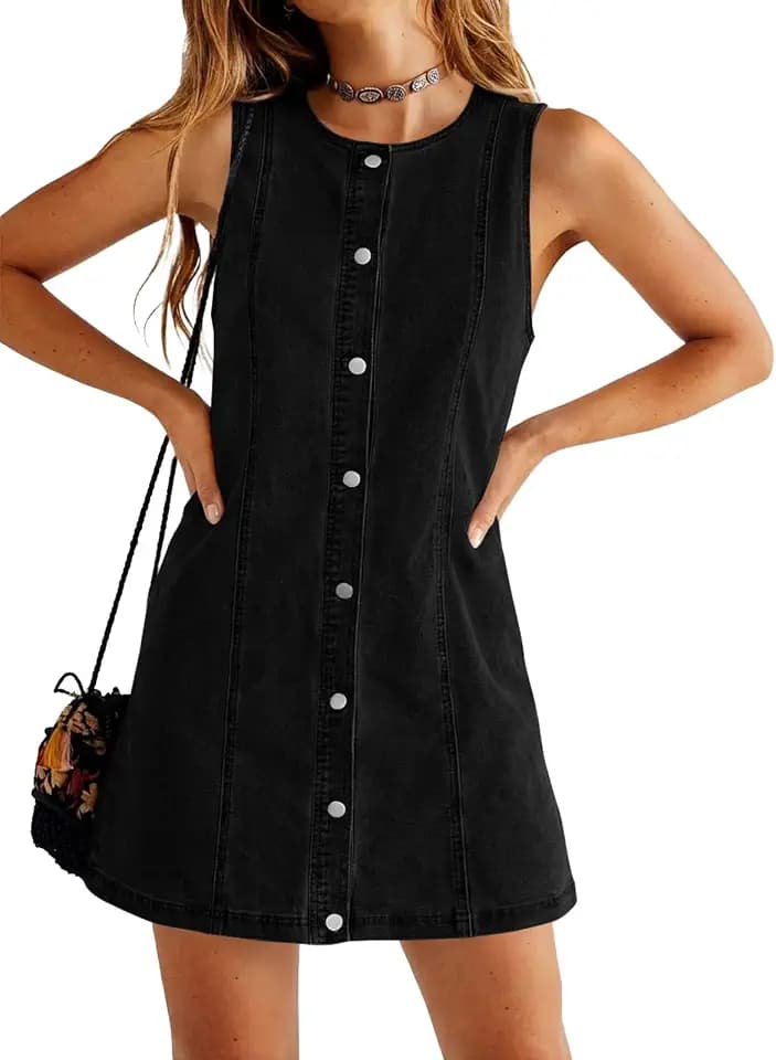 Womens Sleeveless Mini Denim Dress Summer Button Down Mini Jean Dresses