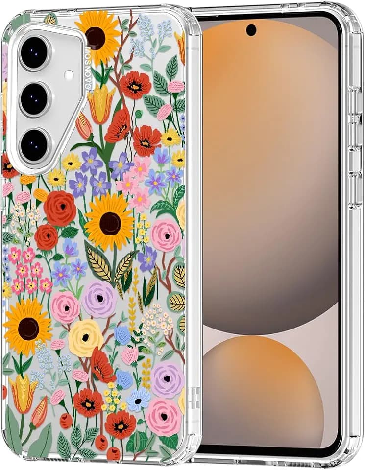 MOSNOVO Case for Samsung Galaxy S24 FE, [Buffertech 6.6ft Military-Grade Drop Protection] [Anti Peel Off Tech] Clear TPU Bumper Phone Case Cover Design - Blossom & Bloom
