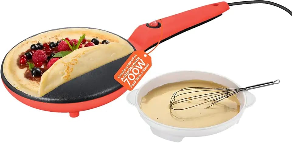 Avilia - Yummi Crepes Pfanne 600 W mit Schüssel und Schneebesen inklusive, Antihaft-Pfanne 20 cm, leicht zu reinigen, ideal für die sichere Zubereitung von schnellen Crêpes zum Frühstück oder Snacks
