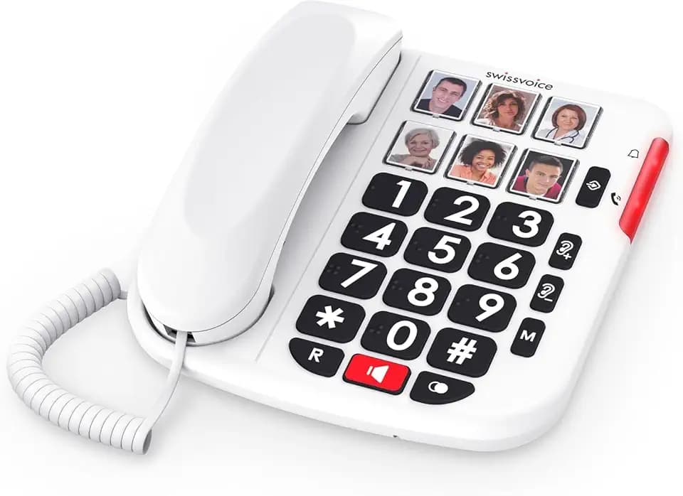 SWISSVOICE Xtra TMAX10 Big Button Corded Landline Phone for Seniors, 6 One-Touch Photo Speed Dial Keys, Simple Home Telephone with Adjustable Call Volume and Visual Ring Indicator, White